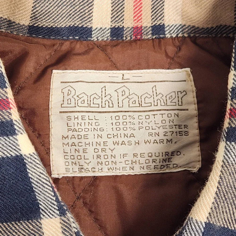 Vintage Insulated Flannel Shirt Mens Large Tab Blue Plaid Back Packer Outdoors